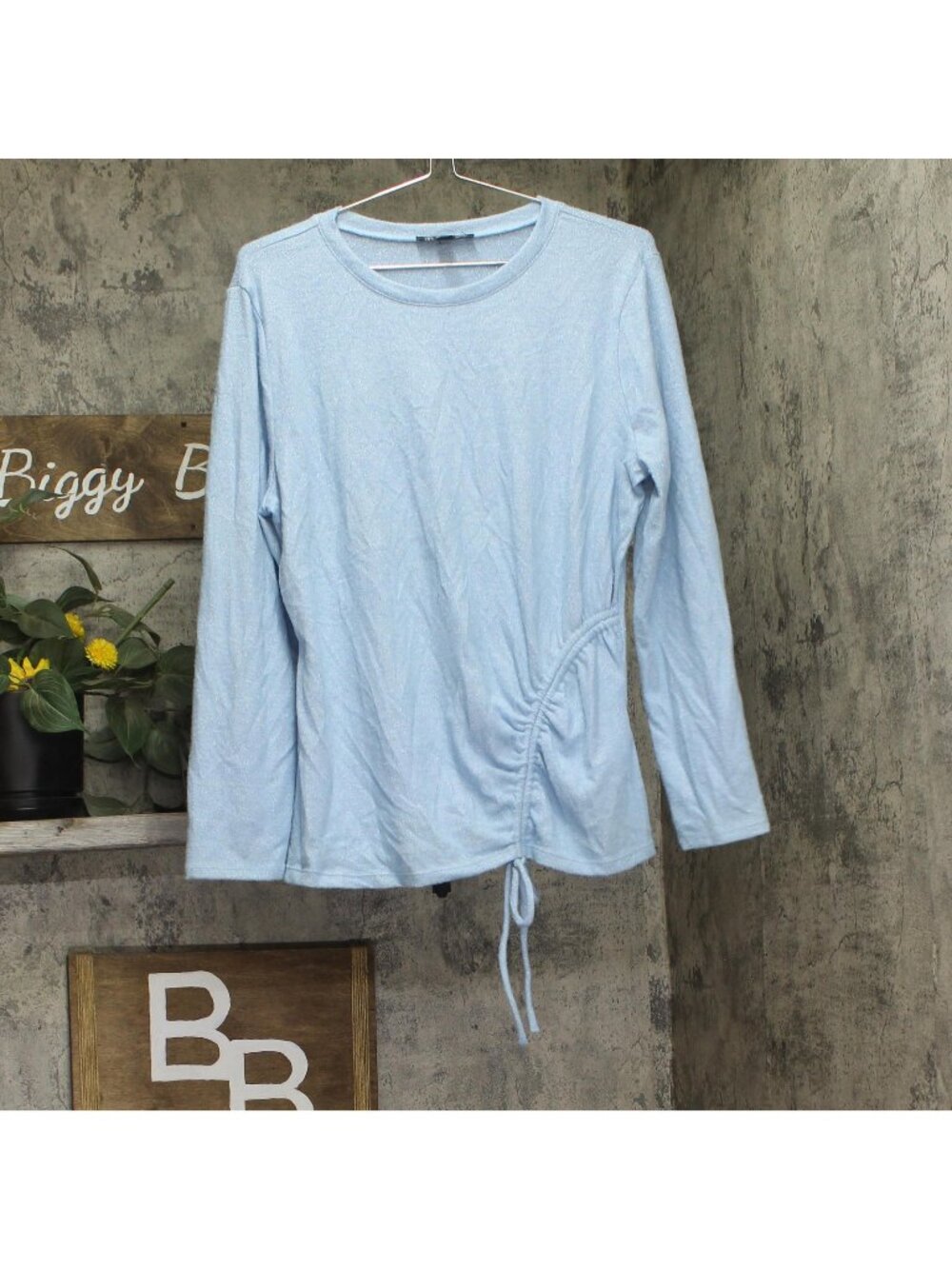 INC International Concepts Lurex Knit Ruched Long Sleeve Shirt Top Light Blue XL